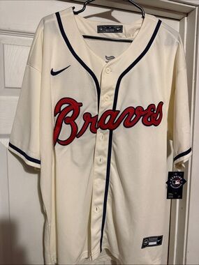 Nike Cream and Navy Atlanta Braves Replica Baseball Jersey with Red Script